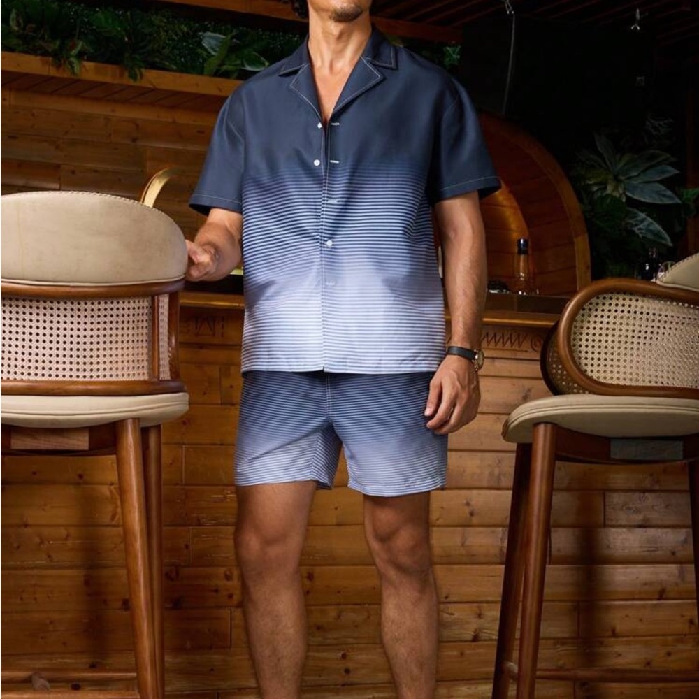 Gradient Striped Loose-Fit Shirt and Shorts (Beach Set)